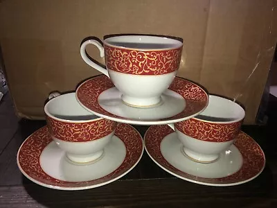 Mikasa Parchment Rouge Red L3471 Fine China Set Of 3 Coffee Tea Cups And Saucers • $45