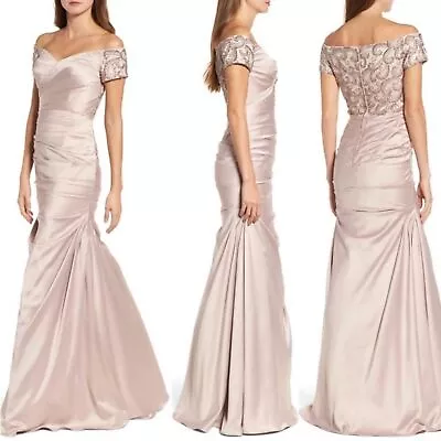 NWOT La Femme | Champagne Ruched Off Shoulder Beaded Sheath Gown 2 • $100