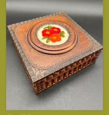 Wooden Intricate Carved Jewelry Box Needlepoint Crewel Lid Flowers Floral • $19