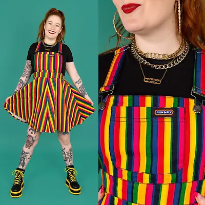 RUN AND FLY Rainbow Stripe Print Flared Pinafore Dress Bright 8-26 Circle Skirt • £39