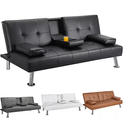 Modern Faux Leather Futon Sofa Bed Fold Up & Down Recliner Couch With Cup Holder • $359.99