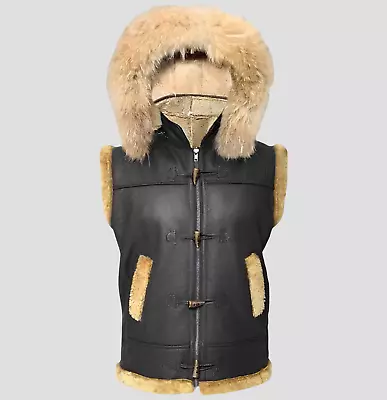 Mens B-3 Bomber Real Fox Fur Hooded Black Lambskin Leather Vintage Vest • $89.99