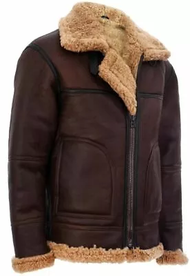 Men's Aviator Brown B3 Real Shearling Sheepskin Leather Bomber Flying Fur Jacket • $218.90