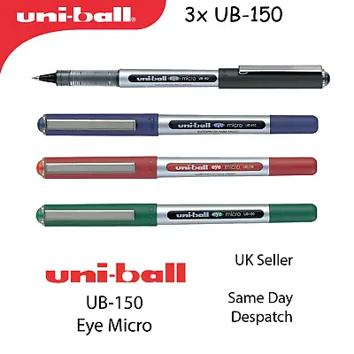 3x UNI-BALL UB-150 EYE FINE ROLLERBALL 0.5mm PEN UB150 - BLACK BLUE RED GREEN • £4.99