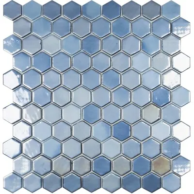 River Hexagon Bathroom Kitchen Splashback Gloss Blue Mosaic Tile - 307x317mm • £14.37