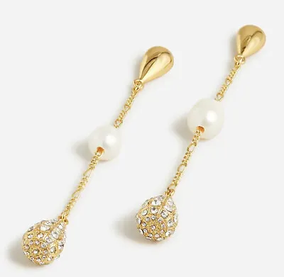 J Crew Long Drop Crystal Pave Freshwater Pearl Chain Gold Clear Earrings NET NEW • $24.64