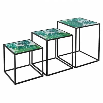 Nest Of 3 Tables - Green Leaf Design - Acrylic Top - Black Frame • £122