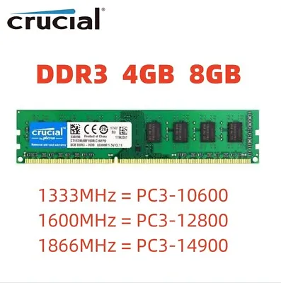 CRUCIAL DDR3 4GB 8GB 1333 1600 1866 Desktop RAM Memory DIMM 240pins DDR3 16GB 32 • £10.24