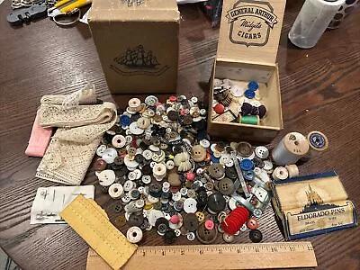 Lot Antique Vintage Sewing Notions Pearl White Buttons Wood Spools Thread E • $29.99