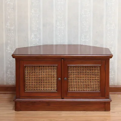 NEW Hemingway Solid Mahogany Corner TV Unit Rattan Panelled Double Door CBN105 • £465