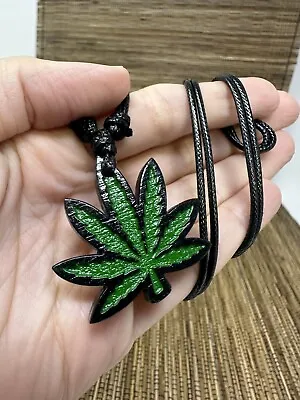 Marijuanna Leaf Wooden Pendant Necklace - Hand-Painted Green With Black Borders • $14.95