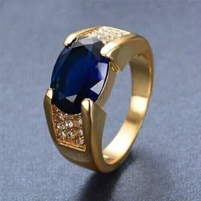 14K Yellow Gold Plated 2CT Oval Cut Lab Created Blue Sapphire Men's Wedding Ring • $110.40