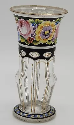 Vintage Venetian Style Flared Vase Rose Pansy Black Gold Painted Details 6  X 3  • $20