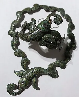 Margot De Taxco Mexico Vintage Sterling Green Enamel Fish Bracelet Necklace Set • $4500