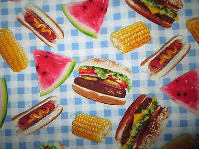 Hamburger Hot Dog Corn Watermelon Picnic Food Corn Blue Checked Cotton Fabric FQ • $4.25