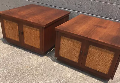 Pair Lane Mid Century Modern End Tables Side Nightstands Walnut Cane Front • $450