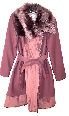 Vince Camuto Wool Blend Faux Fur TrimMixed Media Coat Women Size Medium Plum • $60