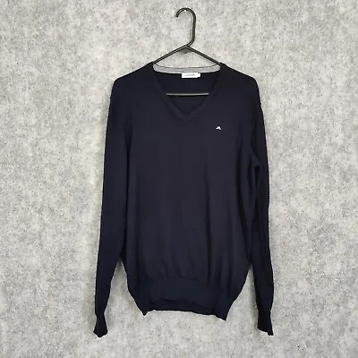 J Lindeberg Jumper Men's Medium V Neck Cotton Knit Golf Dark Blue Pullover Logo • £13.99