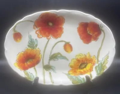 Maxcera WATER POPPY Oval Scalloped Edge Serving Platter 14.25” X 10” Floral EUC • $23.95