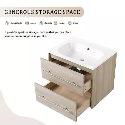 24 Inch Wall Mounted Bathroom Vanity W/ Sink 2 Drawers For Small Space White Oak • $402.99