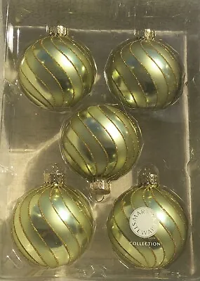 Martha Stewart Set Of 5 Green Glossy& Matte Swirls/Gold Glitter Glass Ornaments • $24.95