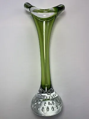 Vintage 8” Aseda Art Glass Green Bone Vase Sweden Hand Blown Bullicante Bubbles • $26