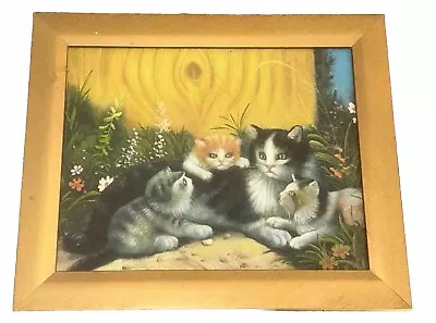 VTG Mama Cat W/3 Kittens Flowers Canvas 9.75”T 11.75”W • $79.99