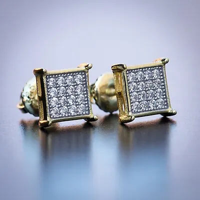 Mens Small Micro Pave Iced Two Tone Gold Plated Square Screw Back Stud Earrings • $13.99