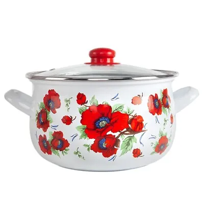 POPPY FLOWERS Enamelware Stockpot With Glass Lid Enameled Cooking Pot  3 Qt • $28.86