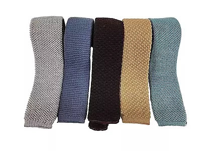 Lot Of 5 Vintage Men's Square End Flat Bottom Knit Skinny Ties Wool & Cotton • $32.99