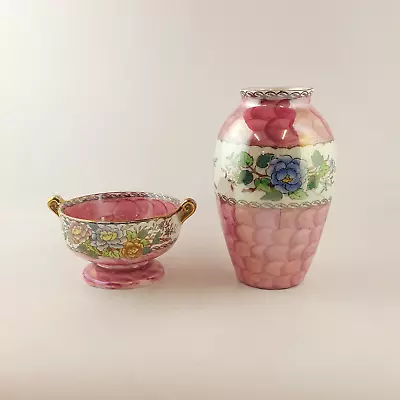 Maling - Pair Of Pink Peony Rose Twin Handle Bowls & Vase • £55