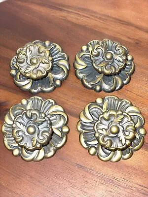 Set Vtg RDCA 1960 Ornate Brass Bronze FLORAL FLOWER Drawer Knob Pull  Backplate • $18.20