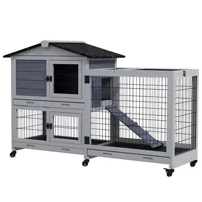 2 Tier Large Rabbit Hutch Outdoor Indoor W/ Wheels Three Slide-Out Trays Ramp • £163.95