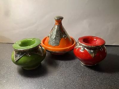 Vintage Moroccan Pottery Set – Tagine And Smokeless Ashtrays. Ornate Metal.  • $30