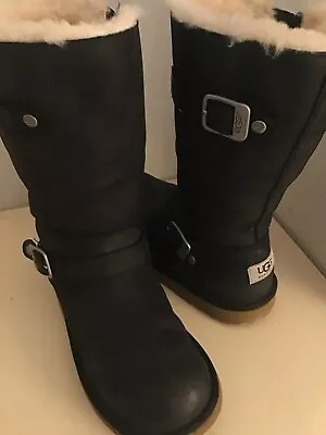 Uggs Australia Black Leather Kensington Biker Boots US Women 5 Youth 3 • £36.19