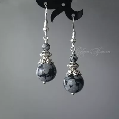 $9.90 • Buy Natural Snowflake Obsidian Black Gray Dots Earrings 925 Sterling Silver Hooks