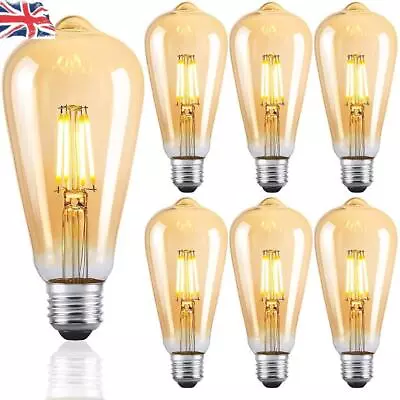 6 PCS Vintage Edison LED Light Bulbs E27 ST64 4W Antique Clear Industrial Lamps. • £10.95