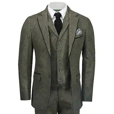 Tweed 3 Piece Suit For Mens Vintage Green Herringbone 1920s Classic Tailored Fit • $198.92