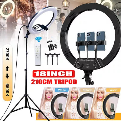 18 Inch LED Ring Light + 2.1M Stand 3X Phone Holder Make Up Beauty YouTube Video • £38.99