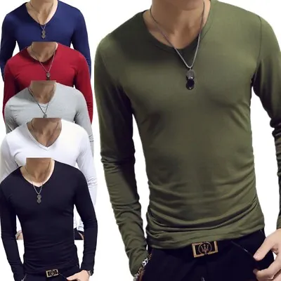 $12.21 • Buy Men's V Neck Slim Fit T-shirt Long Sleeve Undershirt Casual Solid Color Top Tee
