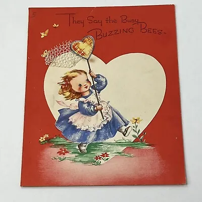 VINTAGE 50s GIRL BUTTERFLY NET CATCHING HEARTS VALENTINE • $20.30