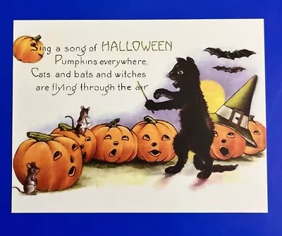 BLACK CAT PUMPKINS BATS HALLOWEEN REPRODUCTION VINTAGE ART POSTCARD 4 1/4 X5.5” • $5.99