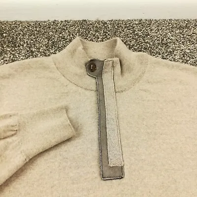 Canali 1934 Sweater Wool 1/4 Zip Pullover Leather Trim Beige Tan Mens EU 54 XL • $66.99