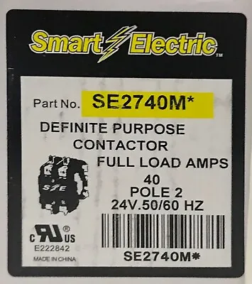SE SMART ELECTRIC SE2740M 2 Pole 40 AMP 24 Volt Contactor Definite Purpose • $18