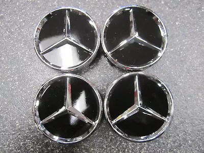 Mercedes Benz Gloss Black & Chrome Logo Center Caps  2-3/8  60mm - Set/4* • $45