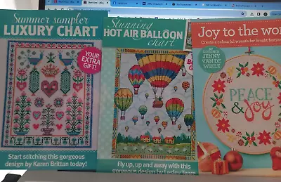 3 Cross Stitch Charts-Sampler Joy & Peace And Hot Air Balloons -NEW • £1.40