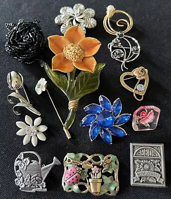 Vintage Jewelry Lot Enamel Flower Brooch Lucite Rhinestone Birds & Bloom • $36