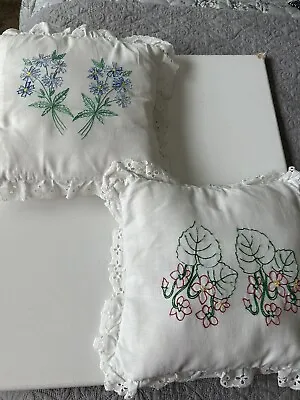 Pair Of Vintage Throw Pillows Embroidered Floral Leaves Lace Trimmed Square 12” • $24
