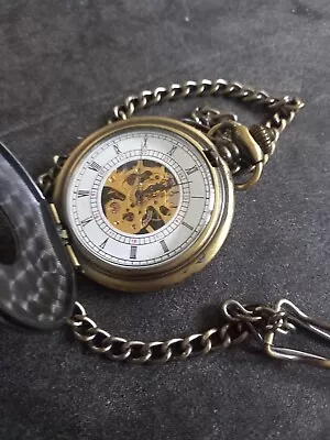 Bronze Half Hunter Classic Hand Wind Mechanical Roman Pocket Watch With Chain   • £35