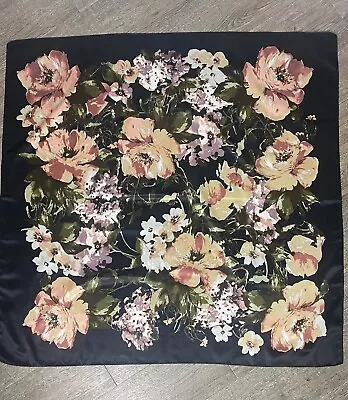Large Vintage 35” Square Cottage Floral Black Multi Scarf Neck Wrap Foulard • $15